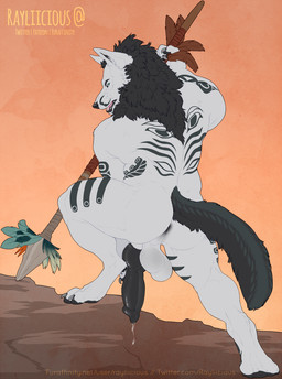 animal_genitalia animal_penis anthro anus balls big_balls big_butt big_penis bodily_fluids butt canine_genitalia canine_penis erection feathers genital_fluids genitals hair looking_at_viewer looking_back male markings melee_weapon muscular muscular_anthro muscular_male nude paws penis polearm presenting presenting_hindquarters snarling solo spear thick_thighs tribal tribal_markings weapon rayliicious mythology arterian_(character) canid canine canis mammal mythological_canine mythological_creature werecanid werecanine werecreature werewolf wolf hi_res