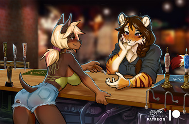 5_fingers alcohol anthro bar beverage big_breasts blonde_hair blue_eyes blush bottomwear breasts brown_body brown_fur brown_hair brown_stripes butt cleavage clothed clothing daisy_dukes denim denim_bottomwear denim_clothing denim_shorts duo ear_piercing ear_ring eye_contact eyebrows eyelashes female fingers fur hair head_on_hand hotpants looking_at_another orange_body orange_fur phone_number piercing rear_view ring_piercing shirt shorts small_butt smile striped_body striped_fur stripes tank_top topwear dragonfu haley_(lautus) jay_(lautus) canid canine canis dobermann domestic_dog felid mammal pantherine pinscher tiger 2022 digital_media_(artwork) story story_in_description