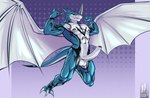 abs anthro balls blue_body flexing flexing_bicep flying foreskin genitals long_penis male muscular nipples penis solo tattoo wings iudicium86 bandai_namco digimon digimon_(species) exveemon