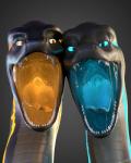 2018 3d_(artwork) 4:5 absurd_res ambiguous_gender bioluminescence blue_eyes blue_insides blue_mouth blue_tongue bodily_fluids digital_media_(artwork) dragon duo english_text fangs feral gaping_mouth glowing glowing_eyes glowing_mouth hi_res jinnoaka looking_at_viewer mouth_shot multicolored_body multicolored_scales mythological_creature mythological_scalie mythology open_mouth saliva saliva_string scales scalie simple_background teeth text tongue whiteperson yellow_eyes yellow_insides yellow_mouth yellow_tongue ziina