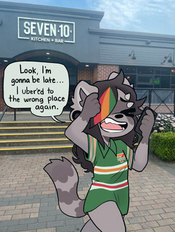 anthro bottomless cellphone clothed clothing dialogue electronics eyebrows facial_markings female gloves_(marking) grey_body hair head_markings markings mask_(marking) open_mouth phone photo_background restaurant shirt shirt_only smartphone solo text topwear topwear_only bearsockz 7-eleven mammal procyonid raccoon 2026 english_text hi_res mixed_media photography_(artwork)