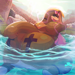anthro bathing big_breasts big_butt breasts butt butt_tattoo eyewear eyewear_on_head female furgonomic_piercing furgonomics green_eyes huge_breasts huge_butt hyper hyper_butt looking_at_viewer looking_back looking_back_at_viewer markings mature_female mole_(marking) open_mouth palmorph partially_submerged piercing smile solo sunglasses sunglasses_on_head tail tail_piercing tattoo water wearing_sunglasses wet damianvertigo palworld pocketpair gretta_(chankup) dumud pal_(species) 1:1 digital_media_(artwork) hi_res