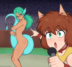 animal_ears blush blush_lines bodily_fluids breasts brown_hair butt choker clothing covering covering_self dark_body dark_skin duo ear_fins electronics eyelashes eyeshadow female fin gesture green_body green_eyes green_hair green_lipstick green_scales hair hand_gesture holding_microphone holding_object jewelry lipstick looking_at_viewer makeup microphone necklace nude open_mouth pointing purple_eyes purple_eyeshadow scales short_hair side_view sweat sweatdrop thick_thighs topwear white_clothing white_topwear wide_hips afrobull two_soyjaks_pointing yu_yu_hakusho juri_(yu_yu_hakusho) koto_(yu_yu_hakusho) animal_humanoid aquatic aquatic_humanoid canid canid_humanoid canine canine_humanoid fox_humanoid humanoid mammal mammal_humanoid 2023 digital_media_(artwork) hi_res meme