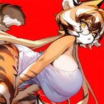 anthro big_breasts breasts clothing eyewear female fur hair multicolored_body multicolored_fur nekaaa orange_body orange_eyes orange_fur short_hair simple_background solo striped_body striped_fur stripes tail topwear white_body white_fur arknights hypergryph studio_montagne waaifu_(arknights) felid mammal pantherine tiger