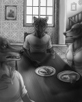 anthro eating female green_fairy group inside male refuse rukis sol_(dangerous_spirits) canid canine canis mammal wolf 4:5 monochrome