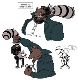 anthro big_butt big_tail black_bodysuit black_clothing black_skinsuit blush blush_lines bodysuit boots bored bottomwear brown_body brown_fur butt button_(fastener) clothed clothed_anthro clothed_female clothed_male clothing cuff_(restraint) currency_symbol detective dollar_sign duo eye_contact female female_anthro femme_fatale footwear fully_clothed fully_clothed_anthro fully_clothed_female fully_clothed_male fur green_clothing green_jacket green_topwear hand_on_tail handcuffs infatuation jacket larger_male legwear lifted lifted_by_tail looking_at_another male male_anthro markings metal_cuffs muscular muscular_male pants pouch_(clothing) restraints shirt shoes silly simple_background size_difference skinsuit small_waist smaller_female striped_body striped_fur striped_markings striped_tail stripes struggling suit symbol tail tail_grab tail_markings tail_pull text thief thigh_boots thigh_highs tight_clothing topwear weight_difference white_background white_clothing white_shirt white_topwear wide_hips wrestling diegutan marcos_the_bear uva_the_raccoon bear brown_bear mammal procyonid raccoon ursine english_text hi_res