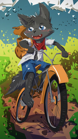 anthro backpack barefoot bicycle black_body black_fur blue_eyes blush bottomwear clothing cycling fangs feet fur kerchief male open_mouth pants shirt smile solo teeth topwear vehicle young young_anthro young_male dakkawoof dakka canid canine canis mammal wolf 2018 hi_res
