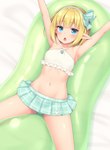 blonde_hair blue_eyes bottomwear clothed clothing female hair humanoid_pointy_ears midriff miniskirt not_furry pointy_ears skirt solo sand-rain elf humanoid mammal 2022 hi_res