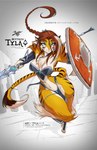 anthro armor bow_(weapon) breasts brown_hair chest_tuft countershade_torso countershading felid female fur hair hi_res jesonite mammal melee_weapon orange_body orange_fur pantherine ranged_weapon shield solo stripes text tiger tuft tyla_(jesonite) unconvincing_armor url weapon