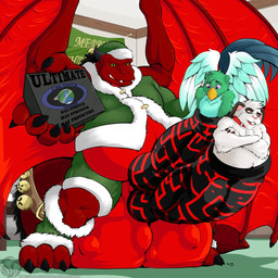 2_penises anthro balls balls_on_ground beak bell big_balls big_penis brown_body brown_fur claws clothing condom_box costume crossed_arms feathers feet fur genitals green_body green_feathers group huge_balls huge_penis hyper hyper_balls hyper_genitalia hyper_penis inside knot knotted_penis larger_pred male male/male male_pred male_prey merry_christmas multi_genitalia multi_penis multiple_prey nude_prey penis red_body santa_costume size_difference text trio vore white_body white_fur wings pandottermon slyther colored english_text hi_res