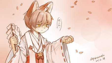 anthro asian_clothing blush blush_lines chest_tuft clothed clothed_anthro clothed_male clothing crossdressing crossdressing_male dialogue east_asian_clothing gohei hair holding_object japanese_clothing kemono male male_anthro miko_outfit petals simple_background solo speech_bubble text tuft young young_anthro young_male misakatsuneko domestic_cat felid feline felis mammal 16:9 2017 dated digital_media_(artwork) guide_lines hatching_(art) japanese_description japanese_text pink_theme shaded signature translation_request widescreen