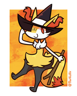 3_fingers 3_toes ambiguous_anthro ambiguous_gender anthro arm_tuft big_tail biped black_body black_fur border cheek_tuft chest_tuft closed_smile clothing digitigrade dipstick_tail dot_eyes facial_tuft feet fingers flat_chested front_view fur hat hat_only headgear headgear_only headwear headwear_only hip_tuft holding_object holding_stick inner_ear_fluff markings mostly_nude mostly_nude_ambiguous mostly_nude_anthro mouth_closed multicolored_body multicolored_fur on_one_leg orange_background orange_body orange_eyes orange_fur orange_nose orange_tail_tip shoulder_tuft simple_background simple_eyes smile snout solo standing stick tail tail_markings thick_lines toes tuft two_tone_tail white_body white_fur witch_hat yellow_body yellow_fur yellow_tail rafvicalv nintendo pokemon braixen canid generation_6_pokemon mammal pokemon_(species) 4:5 cel_shading colored digital_drawing_(artwork) digital_media_(artwork) full-length_portrait portrait shaded signature