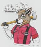 4_fingers anthro antlers axe badge brown_body brown_fur clothed clothing costume deer_costume fingers fur fursuit green_eyes hair holding_object holding_weapon horn male melee_weapon rolled_up_sleeves shirt short_hair simple_background solo suspenders tan_body tan_fur topwear weapon weapon_on_shoulder white_background white_body white_fur james_ward deer mammal character_badge_(artwork) hi_res