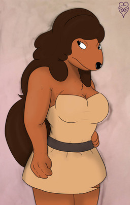 angry anthro black_eyes black_nose blue_sash breasts brown_body brown_fur brown_hair brown_skin clothed clothed_anthro clothed_female clothing dress female fur hair hand_on_hip long_hair looking_back poofy_hair solo white_clothing white_dress white_sclera thevgbear adventure_time cartoon_network samantha_(adventure_time) canid canine canis domestic_dog mammal hi_res