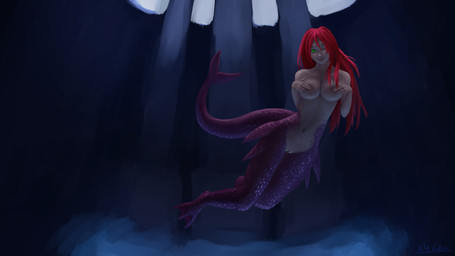 biped breast_squish breasts female fin genitals green_eyes hair hands_on_own_breasts looking_at_viewer one_eye_closed red_hair solo split_form squish underwater vulva water wink k4cea animal_humanoid aquatic aquatic_humanoid humanoid merfolk 16:9 hi_res widescreen