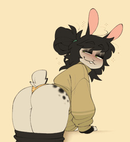 alcohol anthro bent_over beverage beverage_can black_hair bottomwear bottomwear_down butt clothed clothing dialogue drunk eyeshadow female hair long_sleeves makeup panties pants pants_down partially_clothed ponytail presenting presenting_hindquarters shaking_butt short_tail solo speech_bubble substance_intoxication sweater tail text topwear underwear nextel lagomorph leporid mammal rabbit 2d_animation animated english_text