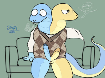 2_heads 2_penises anthro blue_body blue_eyes breath clothed clothing clothing_lift conjoined conjoined_twins diphallism duo furniture genitals male male/male multi_genitalia multi_head multi_penis penis serpentine shirt shirt_lift sitting slightly_chubby sofa solo topwear yellow_body yellow_eyes narczy roblox toons_universe guido_and_rossum reptile scalie snake 4:3 hi_res
