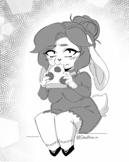anthro belly blush blush_lines chibi clothing collar dress eating female food footwear hair legwear long_ears looking_at_viewer pizza shoes short_hair sitting solo stockings dasblue_in fiora_(melleacomic) lagomorph leporid mammal rabbit hi_res monochrome sketch