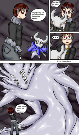 ambiguous_anthro ambiguous_gender anthro body_size_growth body_transformation clothing cosplay dialogue duo ellipsis male male/ambiguous male_human mask mimicry multi_eye size_difference size_transformation surprised text transformation eugeniyburnt hollow_knight_(franchise) team_cherry eugeniy_g splanky_the_slime the_knight_(hollow_knight) goo_creature human mammal comic english_text
