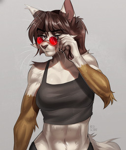 anthro athletic athletic_anthro athletic_female black_hair bottomwear breasts clothed clothed_female clothing eyewear female front_view fur glasses hair midriff pants shirt simple_background solo tank_top topwear wearing_glasses whiskers white_body white_fur mekaska mikasa_(mekaska) domestic_cat felid feline felis mammal bust_portrait hi_res portrait