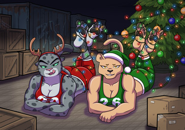 2026 anthro antlers bite biting_lip bound box christmas_clothing christmas_decorations christmas_headwear clothing container feet female female/female foot_fetish hat headgear headwear holidays horn licking licking_lips number pawpads santa_hat tongue tongue_out warehouse a-fitzga brand_new_animal christmas dreamworks studio_trigger the_bad_guys elsa_(brand_new_animal) kitty_kat_(the_bad_guys) felid lion mammal pantherine snow_leopard hi_res