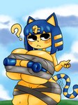 anthro areola big_areola big_breasts big_butt black_eyes blue_hair blue_markings blue_nipples breasts butt confusion detailed_background female fur genitals gold_(metal) gold_jewelry hair huge_areola huge_breasts huge_butt jewelry looking_at_viewer markings multicolored_body multicolored_fur nails nipple_outline nipple_slip nipples pussy question_mark solo tail thick_thighs yellow_body yellow_fur dus animal_crossing nintendo ankha_(animal_crossing) felid feline mammal 3:4 absurd_res hi_res shaded