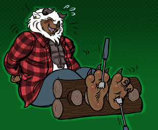 3_toes anthro armor_plates barefoot bdsm blush bodily_fluids bondage bound claws clothed clothing crying_laughing ear_piercing feet foot_focus fully_clothed hands_behind_back horn laugh log lumberjack male piercing plantigrade restraints rope sitting soles solo stocks submissive submissive_male sweat tears tickle_fetish tickle_torture tickling tickling_feet toe_claws toes wood jimmycervix bandai_namco digimon mammal hi_res