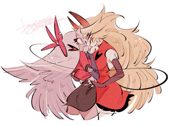 clothed clothing duo eye_contact female female/female horn licking licking_lips looking_at_another romantic romantic_ambiance spade_tail tail tongue tongue_out yasutak1192 hazbin_hotel hellaverse charlie_morningstar vaggi_(hazbin_hotel) angel demon demon_humanoid fallen_angel humanoid hi_res