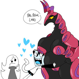 antennae_(anatomy) anthro anthrofied belly belly_hug big_breasts black_body breasts clothed clothing curvy_figure dialogue duo_focus exoskeleton face_on_belly female female_anthro for_a_head group heart_symbol hug humanoid_on_anthro inner_boob interspecies judging larger_anthro larger_female lidded_eyes looking_at_another love male male/female mouthless naturally_censored open_mouth open_smile overweight overweight_anthro overweight_female pokemorph pokephilia red_body simple_background size_difference smaller_humanoid smaller_male smile speech_bubble standing talking_to_another text thick_thighs trio voluptuous white_background wide_hips yellow_sclera itz_not_v nintendo pokemon jarhead_(itz_not_v) arthropod generation_5_pokemon human humanoid mammal object_head pokemon_(species) scolipede 1:1 2025 absurd_res digital_drawing_(artwork) digital_media_(artwork) english_text hi_res