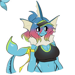 anthro anthrofied arm_tie big_breasts bikini_thong black_clothing black_sclera black_topwear blush blush_stickers bra breasts cleavage clothed clothing ear_frill female frill_(anatomy) glistening glistening_body hair hat headgear headwear mouth_closed multicolored_hair navel neck_frill pokemorph short_hair solo sports_bra swimwear tail topwear underwear visor_cap wide_hips shiyaa_stuff nintendo pokemon velena_(shiyaa_stuff) eeveelution generation_1_pokemon pokemon_(species) vaporeon 1:1 bust_portrait half-length_portrait portrait