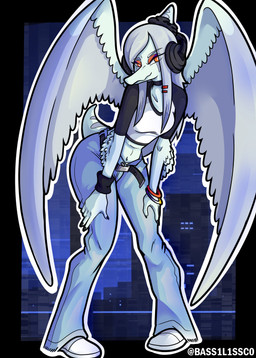 alternate_costume anthro belt bent_over biped blue_body bone_frill bottomwear bracelet breasts city city_background clothed clothed_anthro clothed_female clothing crop_top denim denim_bottomwear denim_clothing detailed_background elbow_feathers electronics feathered_wings feathers female female_anthro fingers footwear frill_(anatomy) front_view grey_body grey_feathers grey_hair hair half-closed_eyes hands_on_legs headphones humanoid_hands jeans jewelry long_hair looking_at_viewer markings medium_breasts narrowed_eyes navel non-mammal_breasts non-mammal_navel orange_eyes outline pants pose shirt shoes short_tail smile smirk smug solo standing striped_markings stripes tail text topwear white_outline wings bass1l1ssc0 goodbye_volcano_high ko_op_(game_developer) fang_(gvh) prehistoric_species pterosaur reptile scalie 2026 artist_name colored full-length_portrait hi_res portrait shaded