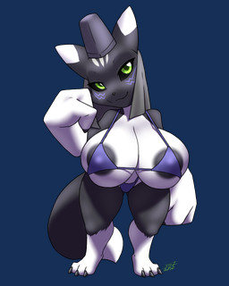 anthro areola areola_slip big_breasts bikini black_body black_fur breasts clothing dark_sclera female fur green_eyes headdress huge_breasts hyper hyper_breasts looking_at_viewer markings nipples shortstack smile solo swimwear two-piece_swimsuit white_body white_fur furball bandai_namco digimon mazed canid canine digimon_(species) doumon fox mammal taomon 2026 4:5 alpha_channel hi_res