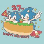 anthro birthday black_eyes blue_body blue_fur clothing duo flag food footwear fur gesture giant_food gloves green_eyes hand_gesture handwear happy happy_birthday hot_dog male open_mouth open_smile shoes smile sparkles square_crossover text v_sign buke3jp classic_sonic_(universe) sega sonic_the_hedgehog_(series) classic_sonic sonic_the_hedgehog eulipotyphlan hedgehog mammal 1:1 english_text hi_res