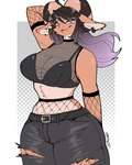 2_horns ahoge anthro big_breasts big_horn black_clothing black_hair black_hooves black_horn black_lipstick bottomwear breasts brown_horn clothing curled_horn ear_piercing ear_ring female fishnet_clothing fishnet_sleeves fur hair hand_behind_head hooves horn lipstick looking_at_viewer makeup multicolored_body multicolored_fur multicolored_hair multicolored_horn piercing pink_eyes raised_arm ring_piercing simple_background sleeveless_shirt smile solo striped_horn stripes tail tan_hair torn_bottomwear torn_clothing translucent translucent_clothing translucent_topwear two_tone_body two_tone_fur two_tone_hair two_tone_horn mochimochiland moon_abani 4:5 absurd_res hi_res