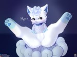 absurd_res alolan_form alolan_vulpix ambiguous_gender anthro blue_eyes blush blush_lines canid canine chest_tuft collar digital_media_(artwork) english_text featureless_crotch feral fluffy fur generation_7_pokemon glistening glistening_eyes gloves_(marking) hi_res inner_ear_fluff kemono looking_at_viewer looking_away mammal markings nintendo onomatopoeia open_mouth pokemon pokemon_(species) presenting regional_form_(pokemon) senz simple_background solo sound_effects spread_legs spreading tail text tuft url watermark white_body white_fur white_tail