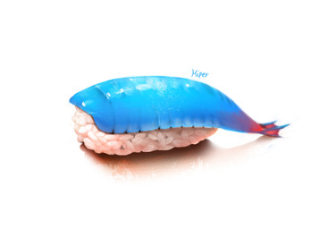 blue_body blue_scales fish_meat food humor meat rice scales simple_background sushi white_background zero_pictured korhiper undertale undertale_(series) undyne aquatic fish