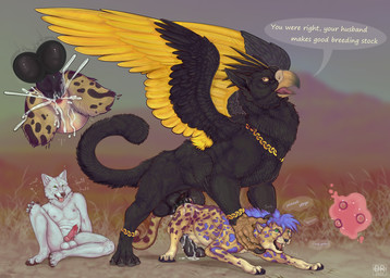 abdominal_bulge andromorph animal_genitalia animal_penis anthro beak begging_for_mercy being_watched black_body black_feathers black_spots blue_hair blue_spots bodily_fluids breath chain claws cuckold cum equine_genitalia equine_penis excessive_cum excessive_genital_fluids feathers feral feral_penetrated forced fur genital_fluids genitals gold_(metal) gold_chain green_eyes group hair hybrid_genitalia hybrid_penis impregnation intersex intersex/male knot knotted_equine_penis knotted_penis looking_at_another male nipples panting paws penetration penis precum raised_tail raised_wings rape rough_sex sex spots tail tongue trio white_body white_fur wings yellow_body yellow_eyes yellow_feathers yellow_fur yellow_sclera firefangdragon mythology bluebonnet avian canid canine canis cheetah coyote felid feline gryphon king_cheetah mammal mythological_avian mythological_creature absurd_res hi_res