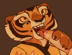 anthro brown_background cheek_tuft claws clothing duo facial_tuft fellatio female foreskin fur genitals hand_on_penis happy happy_sex holding_penis looking_at_another looking_at_partner male male/female markings mouth_shot open_mouth oral orange_eyes paws penile penis penis_in_mouth sex simple_background smile smiling_at_another smiling_at_partner striped_body striped_fur striped_markings stripes tuft yellow_sclera lanolin04 dreamworks kung_fu_panda master_tigress felid mammal pantherine hi_res