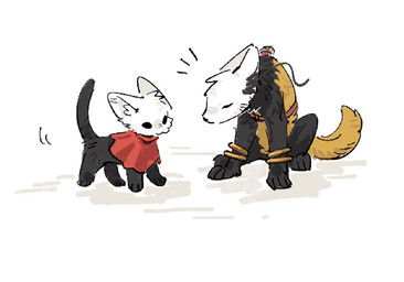 ambiguous_gender black_body black_eyes black_fur black_nose cheek_tuft clothing duo empty_eyes eyes_closed facial_tuft feral fur inner_ear_fluff mouth_closed paws quadruped red_clothing standing tuft white_body white_fur yellow_body yellow_fur aaasakawa hollow_knight:_silksong hollow_knight_(franchise) team_cherry hornet_(hollow_knight) shakra_(hollow_knight:_silksong) canid canine mammal 2026