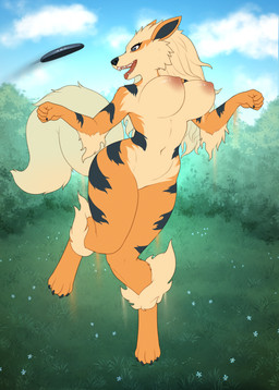acting_like_a_dog anthro bdsm big_breasts bouncing_breasts breasts casual_nudity female fetch fur jumping nipples nude nude_anthro nude_female orange_body orange_fur outside petplay puppyplay roleplay solo tongue tongue_out ajna nintendo pokemon arcanine canid canine generation_1_pokemon mammal pokemon_(species) hi_res