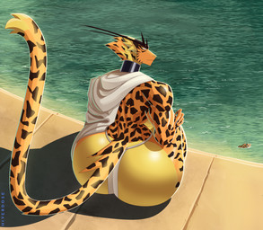 anthro big_butt bottomwear butt cape clothing collar countershade_butt countershading detailed_background eyebrows female frowning_at_viewer fur glistening glistening_body huge_butt hyper hyper_butt inner_ear_fluff loincloth long_eyebrows long_tail looking_at_viewer looking_back looking_back_at_viewer midriff muscular muscular_female pavement pawpads rimlight rock sea shadow sitting sitting_on_ground small_waist solo spots tail tail_tuft thick_thighs tuft water wave yellow_body yellow_eyes yellow_fur hiverdose last_fables lieren_(last_fables) felid leopard mammal pantherine digital_media_(artwork) hi_res