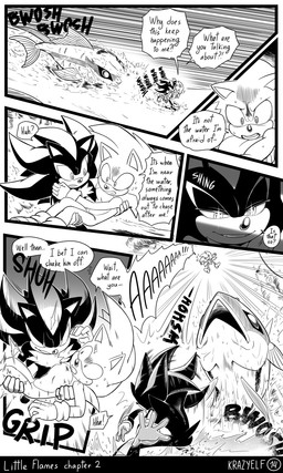 anthro big_nose bodily_fluids carrying_another carrying_person chest_tuft clothing dialogue duo fluffy fluffy_chest footwear gloves grin handwear male quills_(anatomy) scared screaming shoes smile smirk speech_bubble sweat sweaty_face text throwing_another tossing tuft krazyelf sega sonic_the_hedgehog_(series) shadow_the_hedgehog sonic_the_hedgehog eulipotyphlan fish hedgehog mammal marine absurd_res black_and_white comic english_text hi_res monochrome