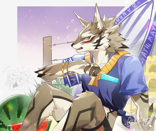 anthro blush bottomwear brown_body brown_fur clothing dessert ear_piercing food fruit fur gold_(metal) green_eyes ice_cream looking_away male melon outside pawpads paws piercing plant sand sitting solo_focus stripes surfboard tail topwear watermelon acheki lifewonders tokyo_afterschool_summoners seth_(tas) canid canine canis jackal mammal 2026 absurd_res hi_res