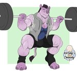 anthro athletic_wear barbell bodily_fluids bulge clothed clothing crouching exercise exercise_clothing hoodie horn male muscular muscular_male musk pecs shirt solo sweat tank_top tight_clothing topwear vein vest weightlifting weights workout 1ceberg mammal rhinoceros absurd_res hi_res