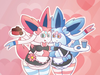 ambiguous_gender anthro anthrofied belly beverage breasts cake candy chocolate chocolate_cake clothing dessert duo eyewear food footwear freckled_belly freckled_face freckled_hips freckles fruit glasses juice_(beverage) legwear maid_uniform oran_berry outline overweight pattern_clothing pattern_footwear pattern_legwear pattern_socks pattern_thigh_highs plant pokemon_berry semi-anthro small_breasts socks striped_clothing striped_footwear striped_legwear striped_socks striped_thigh_highs stripes thigh_highs uniform nanabsylve nintendo pokemon eeveelution generation_6_pokemon pokemon_(species) shiny_pokemon sylveon 4:3 hi_res