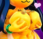 :3 anthro areola bells_(animal_crossing) big_breasts bracelet breast_fondling breast_play breast_squish breasts clothed clothing coin cosplay female fondling hand_on_breast heart_symbol jewelry money nipples self_fondle solo squish topless wide_hips tahlian animal_crossing dreamworks nintendo the_road_to_el_dorado ankha_(animal_crossing) chel domestic_cat felid feline felis mammal 3d_(artwork) absurd_res digital_media_(artwork) hi_res