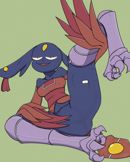 anthro avian_feet big_ears black_eyes black_nose blue_body blue_fur bodily_fluids bottomless breasts clothed clothing ear_piercing eyeshadow featureless_crotch female floppy_ears forehead_gem fur gem green_background long_sleeves looking_at_viewer lop_ears lying makeup null on_side open_mouth piercing prosthetic prosthetic_leg prosthetic_limb pupils red_clothing red_eyeshadow red_topwear simple_background slit_pupils small_breasts snaggle_tooth solo spread_legs spreading sweat sweatdrop thick_thighs topwear wide_hips canacrow nine_sols red_candle_games goumang_(nine_sols) felid feline mammal solarian absurd_res hi_res
