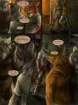 3:4 alectorfencer amon_(rukis) anthro barefoot blood bodily_fluids canid canine canis clothed clothing collar comic dhaval_(character) dialogue digital_media_(artwork) ear_piercing english_text facial_piercing feet felid fully_clothed group jackal luther_denholme male mammal melee_weapon metal_collar nose_piercing pantherine piercing red_lantern rukis speech_bubble sword tail text tiger topless weapon wounded