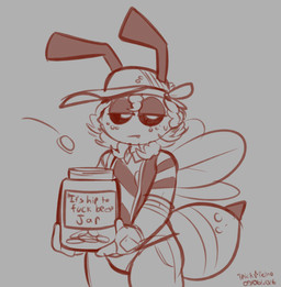 annoyed antennae_(anatomy) anthro arthropod_abdomen baseball_cap bottomwear clothed clothing coin container curly_hair fingerless_gloves freckles front_view gloves hair half-closed_eyes handwear hat headgear headkerchief headwear holding_jar holding_object humor insect_wings jacket jar kerchief male motion_lines narrowed_eyes open_clothing open_jacket open_topwear pants pattern_clothing pattern_jacket pattern_shirt pattern_topwear profanity shirt solo standing stinger striped_clothing striped_jacket striped_shirt striped_topwear stripes text tip_jar topwear wings felino quindim_(felino) arthropod bee hymenopteran insect 2026 english_text hi_res restricted_palette sketch