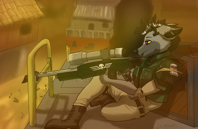 anthro armor black_hair boots clothing colored_with_background combat_boots female footwear fur grey_body grey_fur gun hair military military_clothing military_pants military_uniform mohawk purple_eyes ranged_weapon rifle shoes solo uniform weapon yellow_sclera weenpeen warhammer_(franchise) warhammer_40000 aurelia_(weenpeen) canid canine canis hybrid hyena mammal wolf hi_res